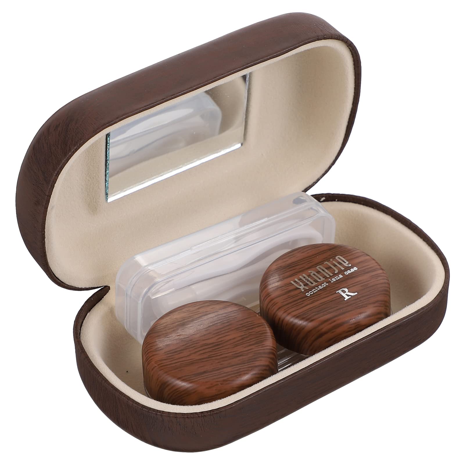 Wood Grain Case: Portable Lenses Container Eye Care Box with Mirror Tweezers Remover for Travelling Dark Brown