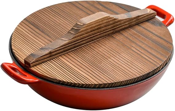 Wok de acero al carbono con orejas de doble olla y tapa de madera, para