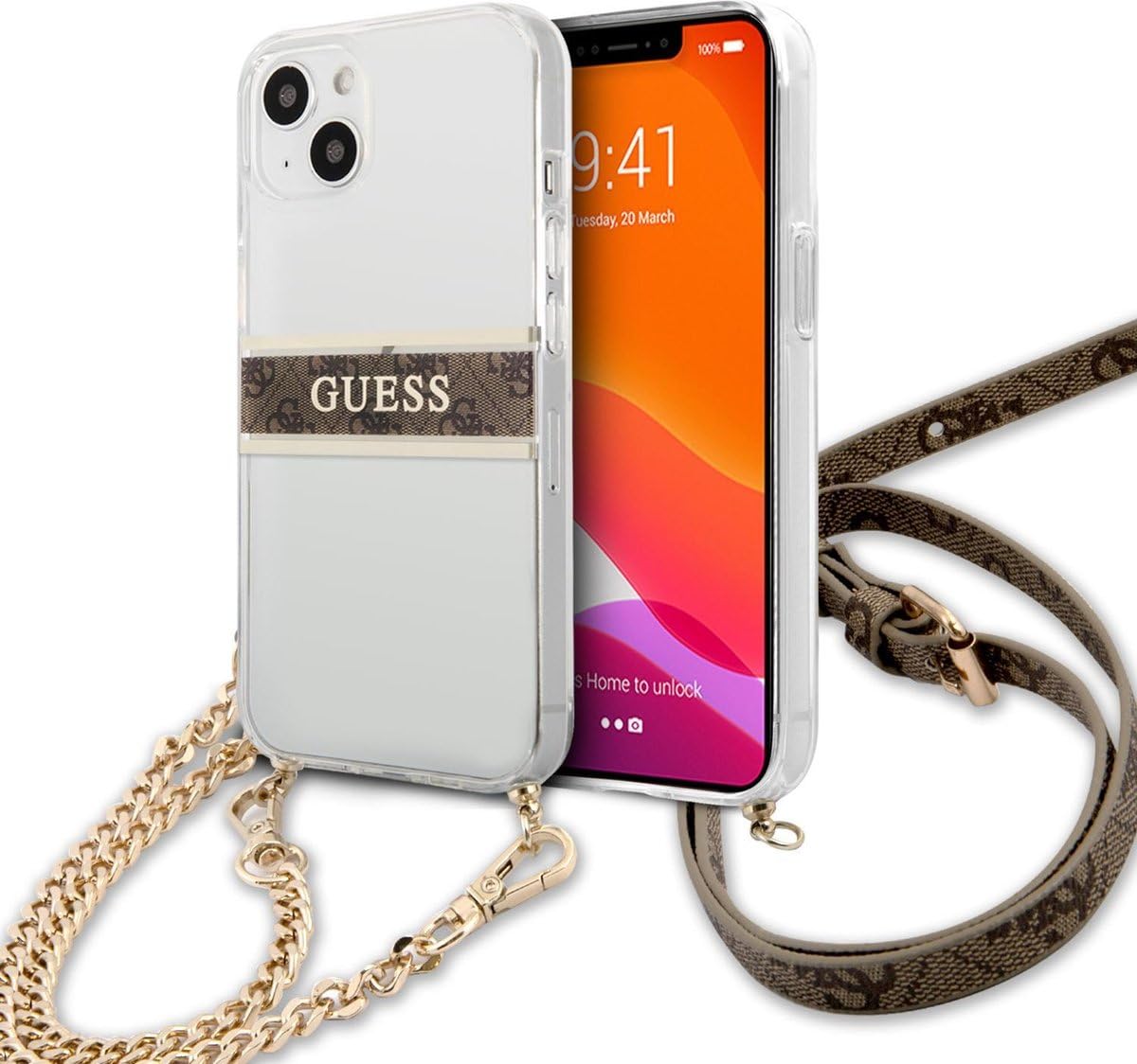 Guess GUHCP13SKC4GBGO Case for iPhone 13 Mini 5.4 Inches Transparent 4G Brown Strap Gold Chain