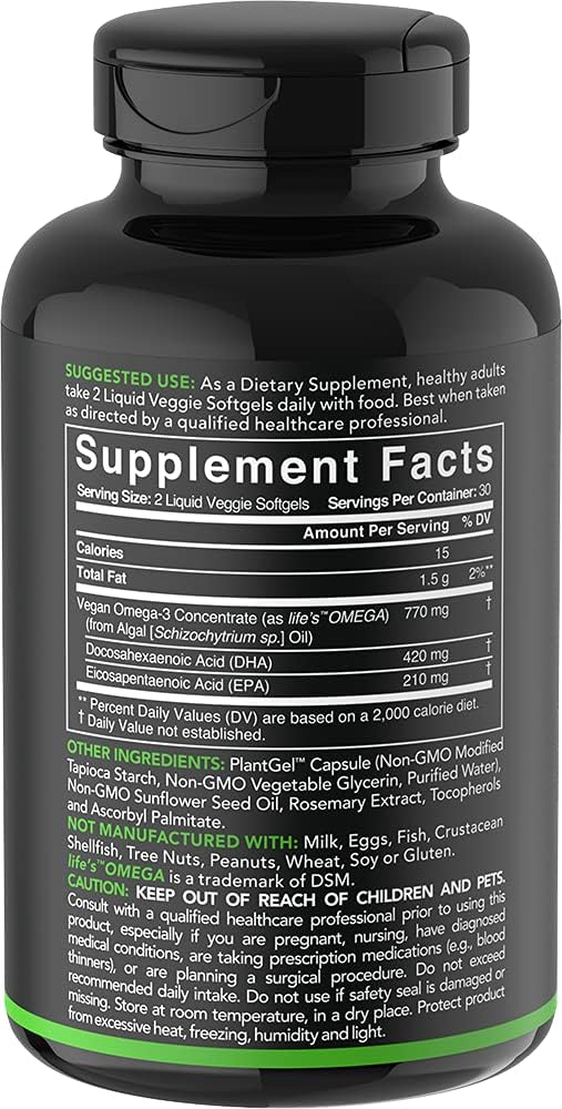 Vegan Omega-3 Fish Oil Alternative sourced from Algae Oil | Highest Levels of Vegan DHA & EPA Fatty Acids | Non-GMO Verified & Vegan Certified - 60 Veggie Softgels (Carrageenan Free): Health & Personal Care