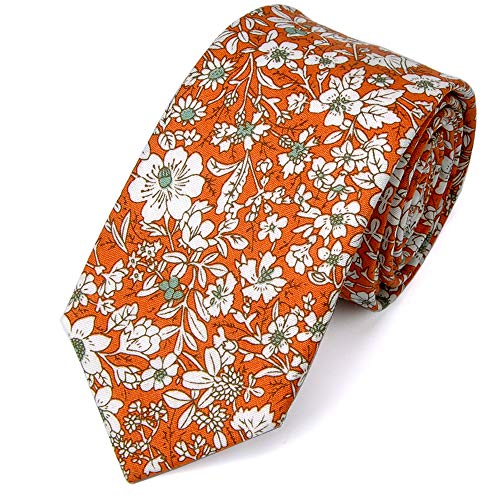 LUISDAN Floral Tie Men's Cotton Printed Flower Neck Ties Skinny Narrow Neckties (Orange color)