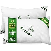 Memory Foam Pillows Queen Size Set of 2 - Cooling Bed Pillows for Sleeping - Back, Stomach, Side Sleeper Soft, Comfy Cool Shredded - 2 Pack, Rayon Derived from Bamboo