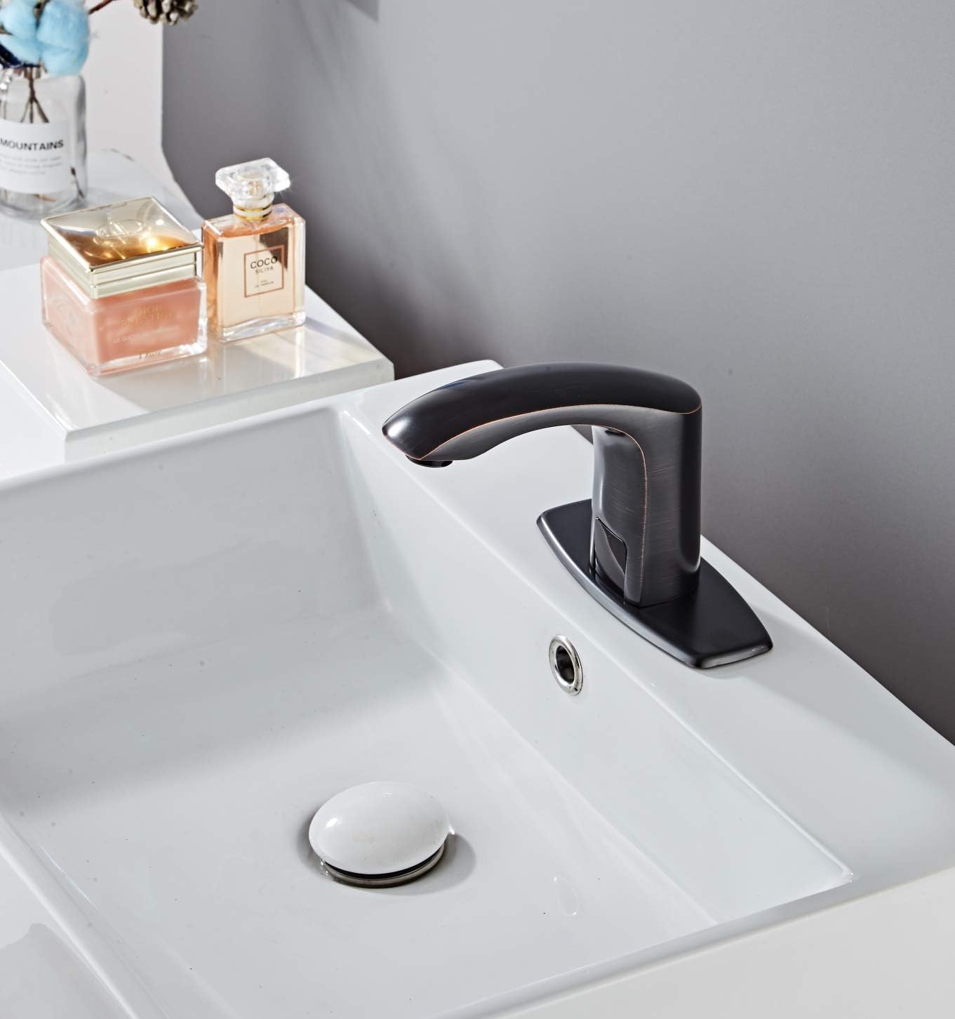 Luxice Sensor Automatic Touchless Bathroom Sink Faucet Hot & Cold Mixer Cover Plate Included Faucet, Black - - 