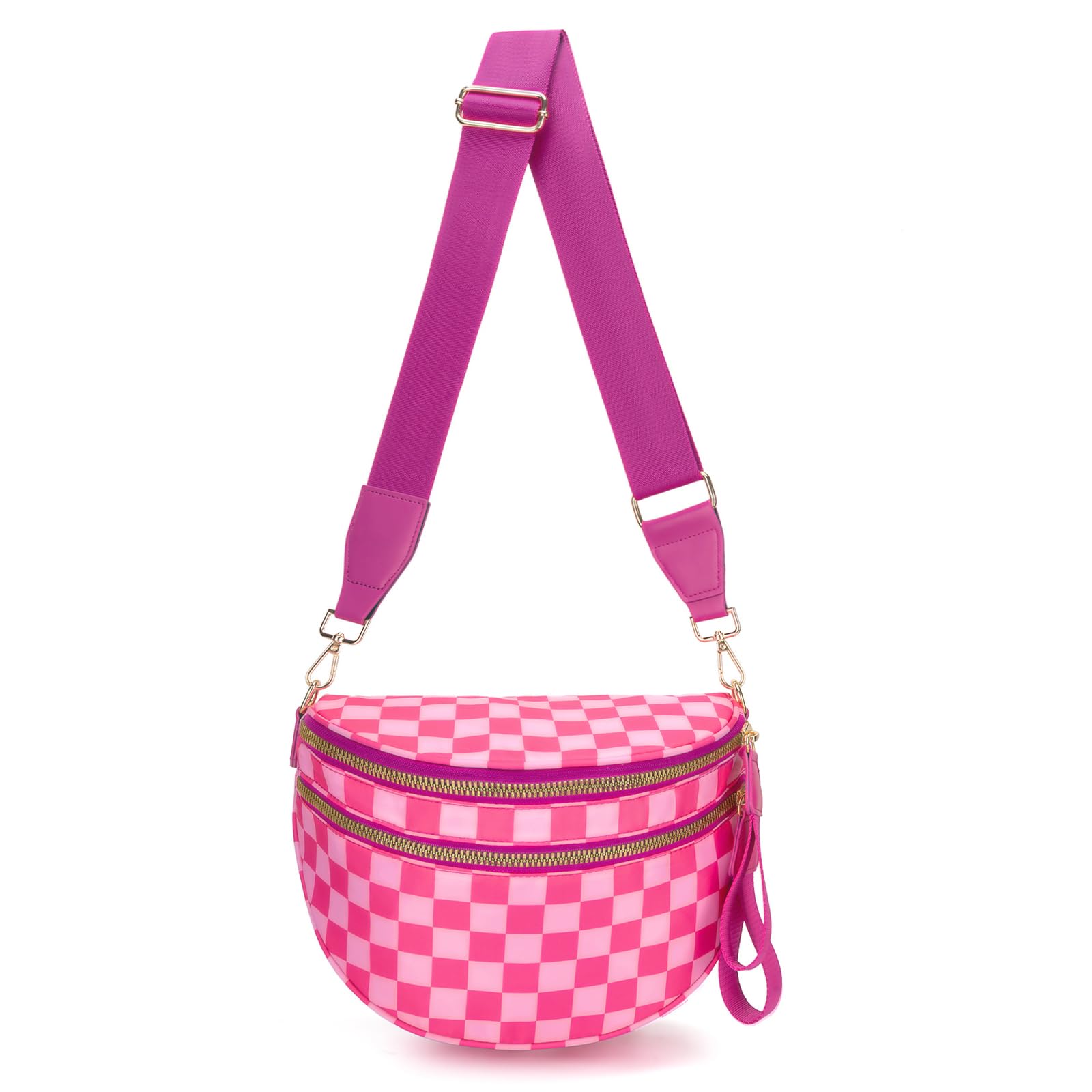 WOOMADA Checkered Crossbody Bag Bum Bag for Women, Spacious Nylon Fanny with Adjustable Strap, Stylish Belt Bag Purse(Hot Pink Checkerboard)
