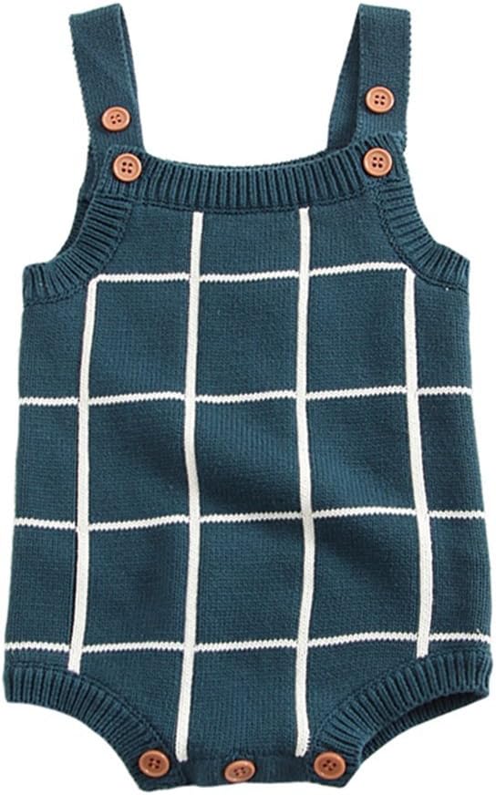 Newborn Baby Boys Girls Knitted Plaid Romper Strap Sleeveless Jumpsuit Bodysuit
