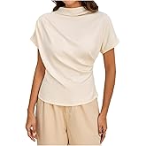 SweatyRocks Women's Casual Short Sleeve Mock Neck Tee Top Asymmetric Ruched Plain T Shirt