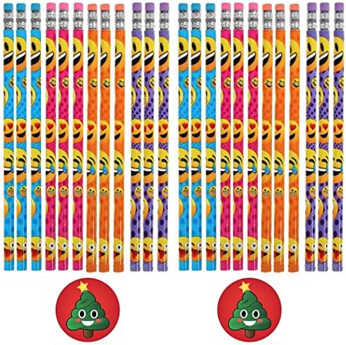 Emoji Pencils (24), and Emoji Christmas Tree Poop Pins, (2) - Cute Party Favors for Treat Bags, Holiday, Birthday Parties, Prizes, Rewards, School, Gifts - Pins made in USA