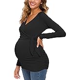 Glampunch Women's Maternity Shirts Short & Long Sleeve Tie Front Wrap Maternity Tops