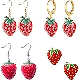 DEYOUM 4 Pairs Strawberry Earrings for Women Cute 3D Resin Enamel Imitate Lifelike Strawberry Dangle Drop Earrings Jewelry Gifts Accessories
