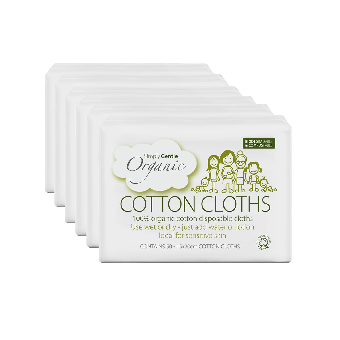 Simply Gentle Organic Dry Wipes, Face Towels, 100% Cotton Pads, for Baby, Newborn Essentials, Plastic Free, Disposable, Sensitive Skin Cleansing Pads, Alternative to Wet Wipes, 300 count (Pack of 6)