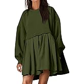 Jybuyye Women Oversized Sweatshirt Dress Long Sleeve Patchwork Crewneck Babydoll Pullover Flowy Pleated Layered Mini Dress