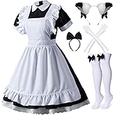 Wannsee Japanese Anime 6Pcs Lolita French Maid Apron Fancy Dress Cosplay Costume Gloves Headwear Socks set(Black L)