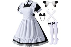 Wannsee Japanese Anime 6Pcs Lolita French Maid Apron Fancy Dress Cosplay Costume Gloves Headwear Socks set(Black M)