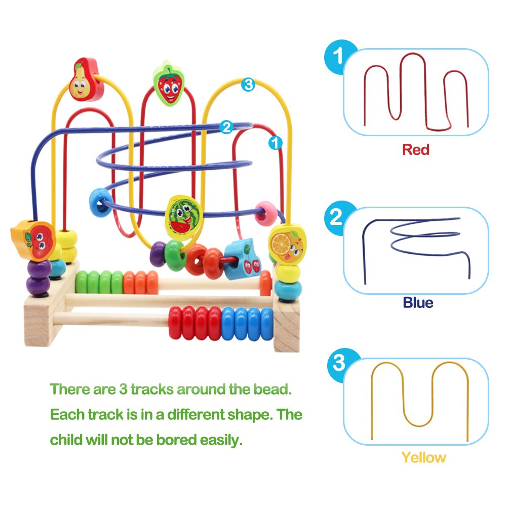 Nuheby Labirinto Roller Coaster con Frutta Bead Maze Gioco Perline Giochi Educativi 3 Anni Giochi in Legno con 3 Tracce di Colore Diverse Giochi in Legno per Bambini 3+ Anni