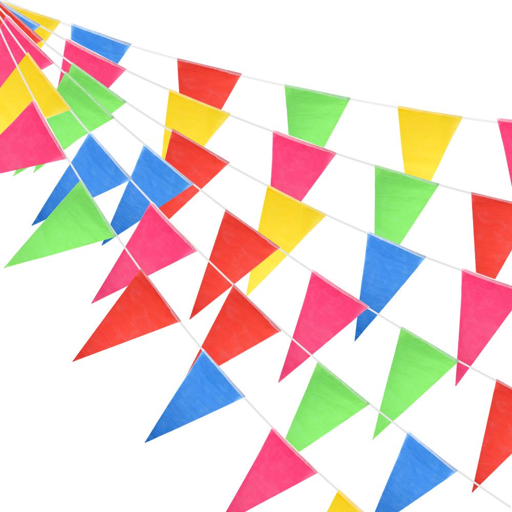 FEPITO 374Feet/114M 300 Flags Multicolor Bunting Banner Flags Double Sided Nylon Pennant Banners for Wedding Birthday Party Garden Home Decoration