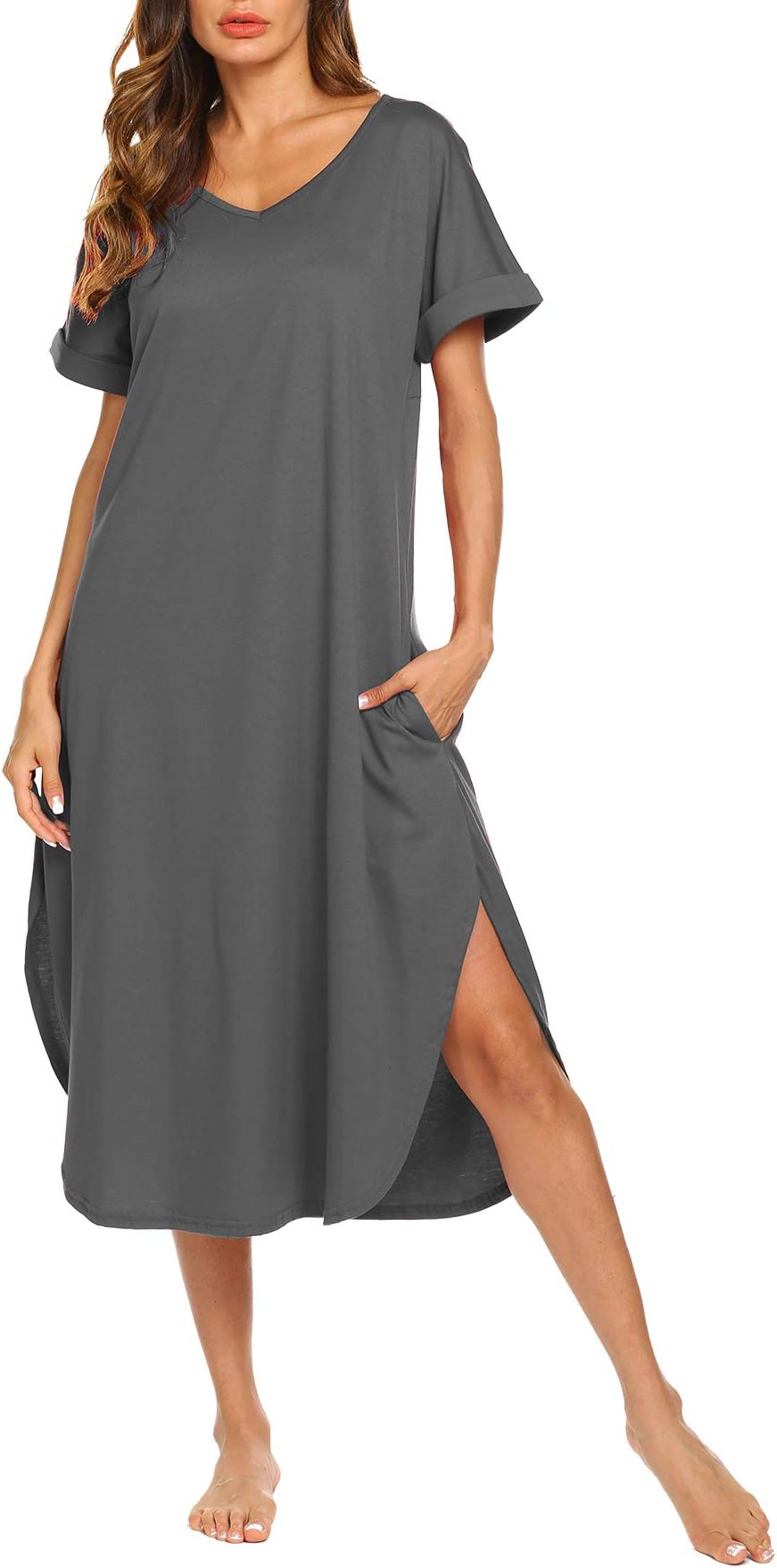 AVIIER Women's Long Nightgown Cotton V Neck Sleepwear Short Sleeve Loungewear S-XXL