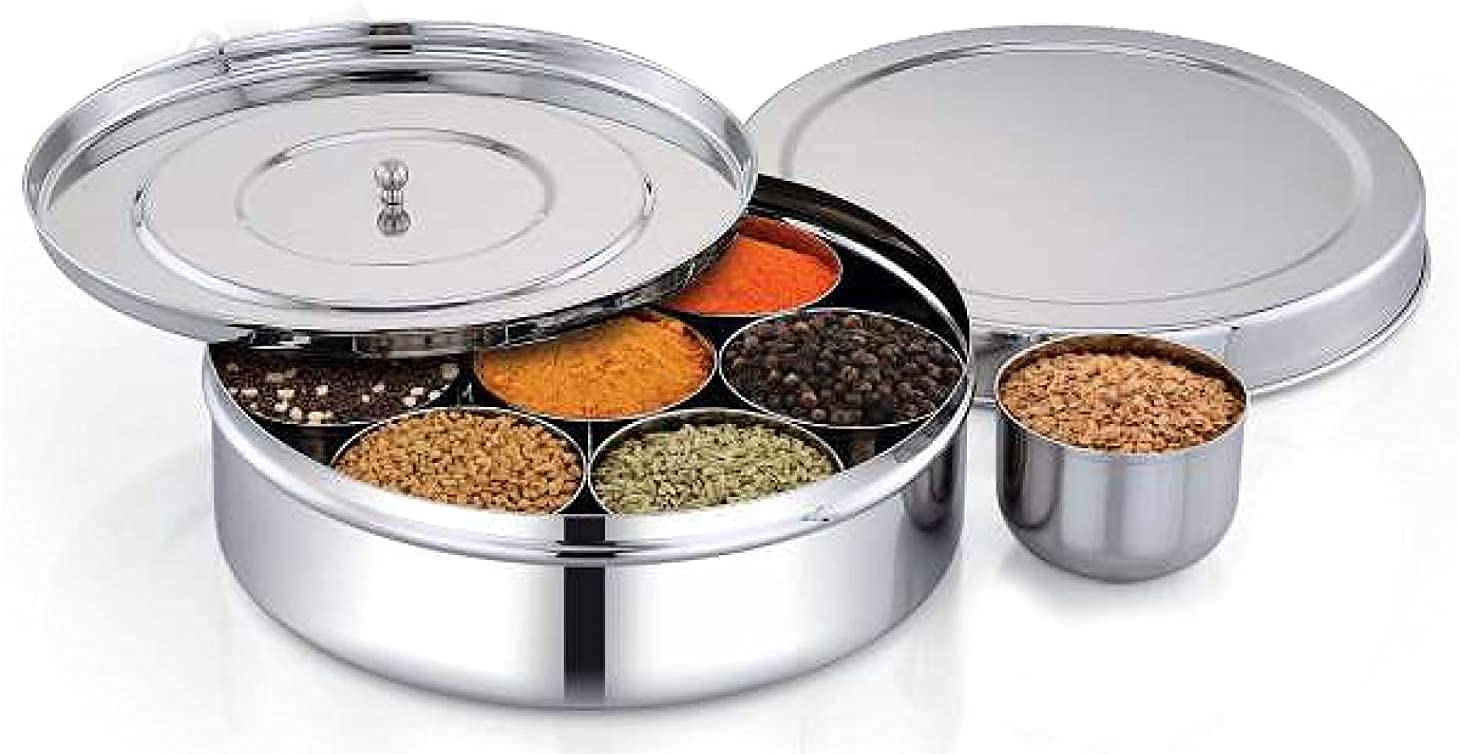 WhopperIndia Stainless Steel Round Spices Box Kitchen Masala Dabba - Spice Container - Masala Dabba - 7 Compartments with Spoon, Airtight 7 inch Storage Box.