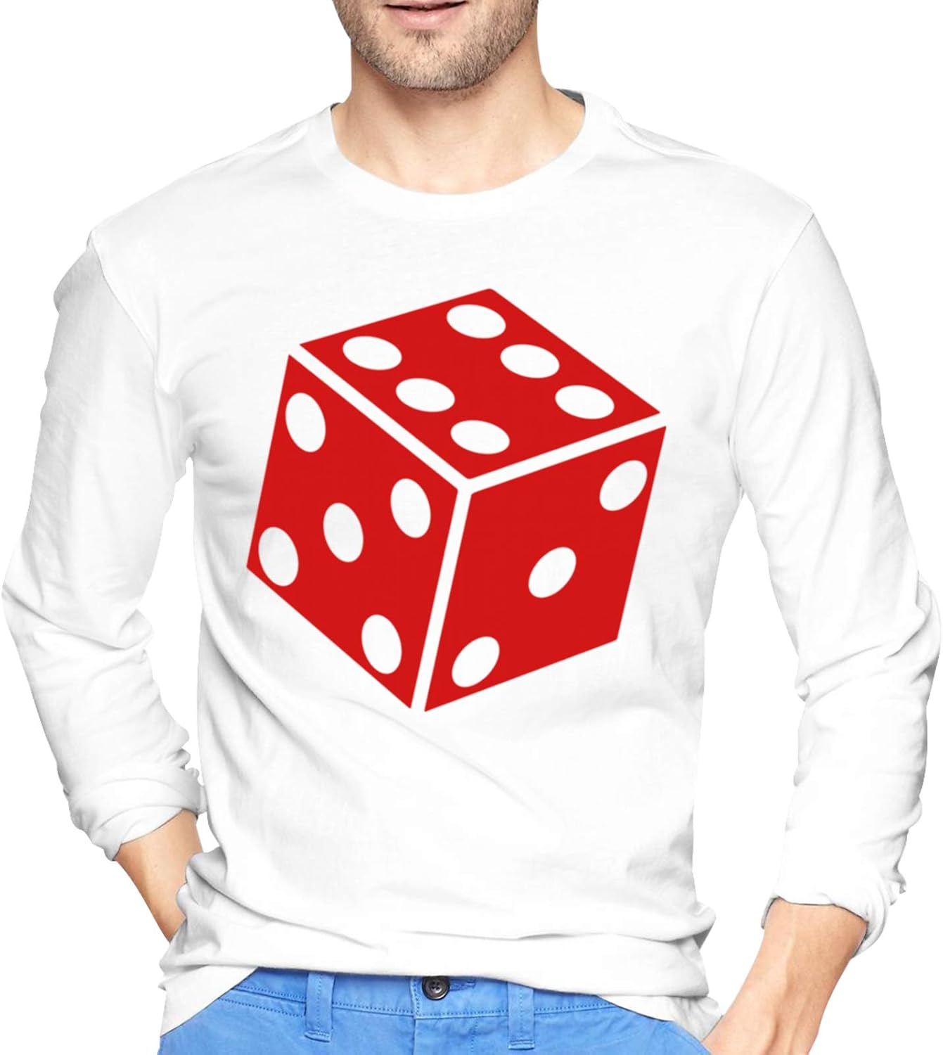 Red Six Sided Dice Long Sleeve Tshirt for Men's Round Neck