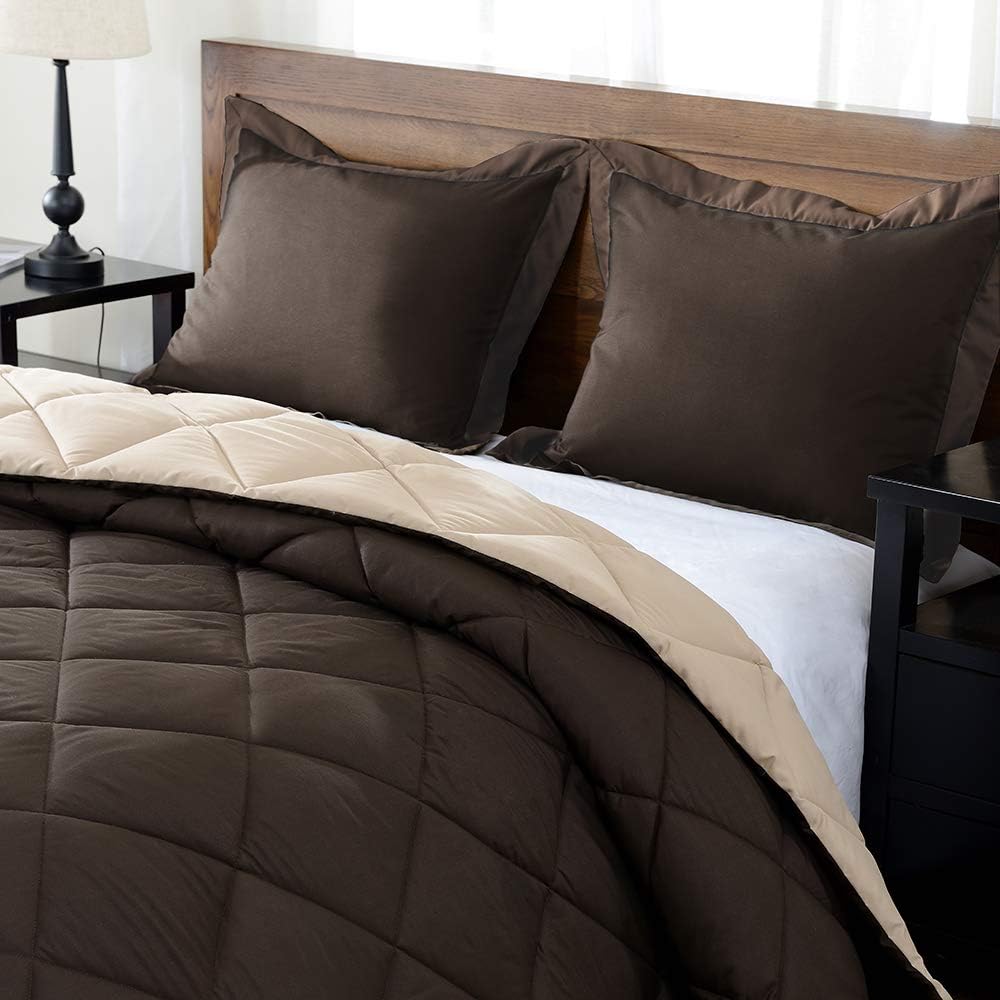 downluxe Lightweight Solid Comforter Set (Queen) with 2 Pillow Shams - 3-Piece Set - Brown and Tan - Down Alternative Reversible Comforter: Home & Kitchen