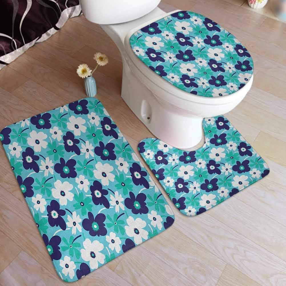 Amazon Com Aqua 3 Pcs Bath Rug Set Artistic Spring Flowers On Blue Backdrop Ditsy Style Nature Inspired Simplistic Blooms Bathroom Mat Contour Pad Toilet Cover Rug Home Kitchen