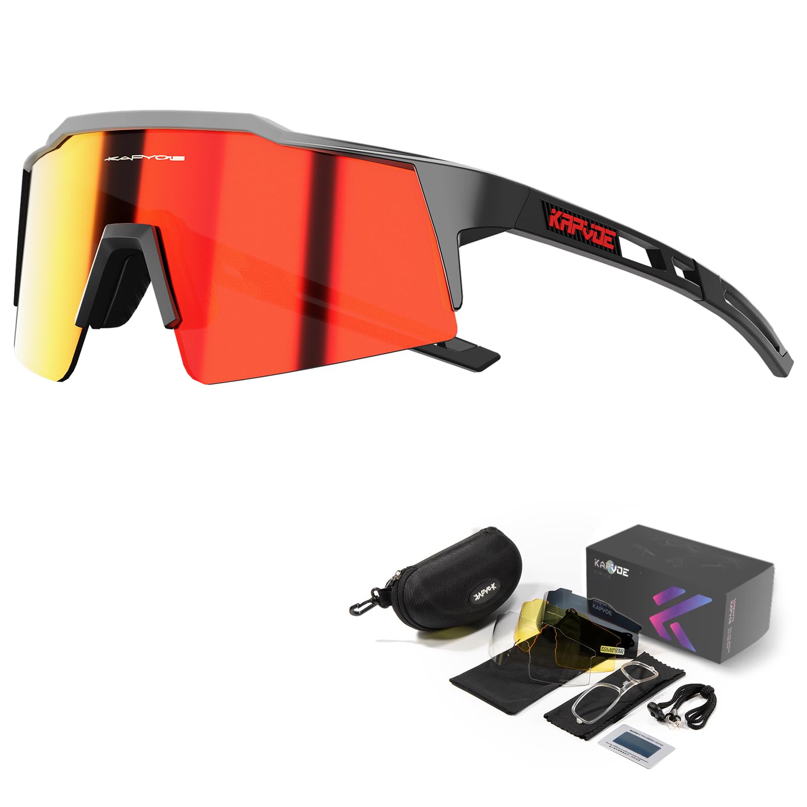 KAPVOE Cycling Glasses Polarized Mountain Bike Sunglasses Women Men MTB Bicycle Riding Motorcycle with 4 Interchangeable Lense 08 Red Black