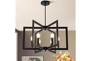 Black Chandelier, 6-Light Modern Geometric Dining Room Light Fixture Industrial Pendant Lights Kitchen Island, Hanging Farmho