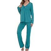Navisting Women's Soft Knit Pajamas Set V-Neck Top and Pants Long Sleeve Two Piece Loungewear Elegant Wavy Hem Sleepwear