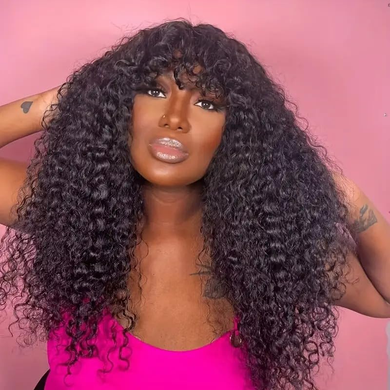 16 Inch Short bob Human Hair Wig With Bangs Kinky Curly Wig For Black Women 180% Density Glueless Wig Brazilian Human Hair