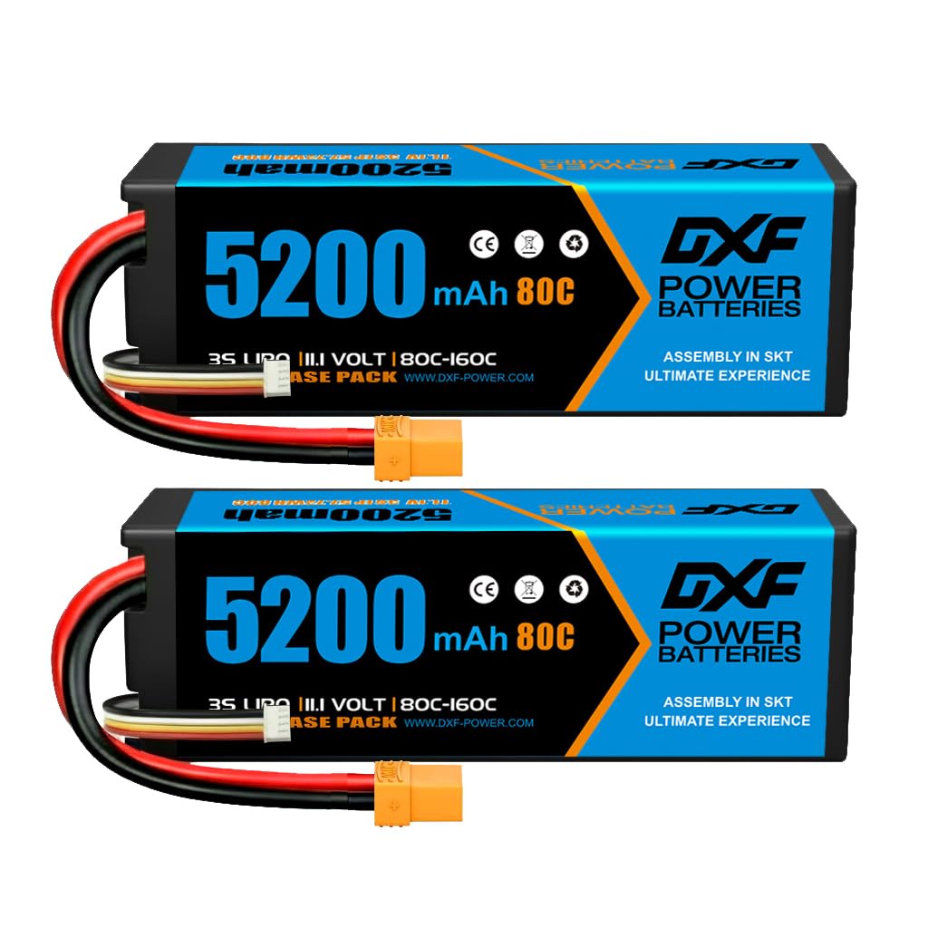 DXF 2Pack 5200mAh 11.1V 80C 3S LiPo Battery XT90, Premium Grade Hardcase High Discharge RC Battery Pack for Helicopter Airplane Boat Car Truck Buggy Crawler Drone FPV Racing 1/8 1/10 Scale