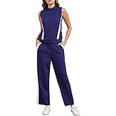 Aokivvy 2 Piece Sets for Women Summer Outfits Lounge Sets Mock Neck Wide Leg Pants Stripes Casual Loungewear Tracksuits