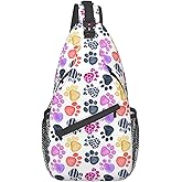 QISENTIS Paw Print Sling Bag Crossbody Backpack Seamless Pattern with Watercolor Animals Footprints Colored Dog Paw Print Travel Hiking Daypack Cute Animal Claws Chest Shoulder Bag for Women Men