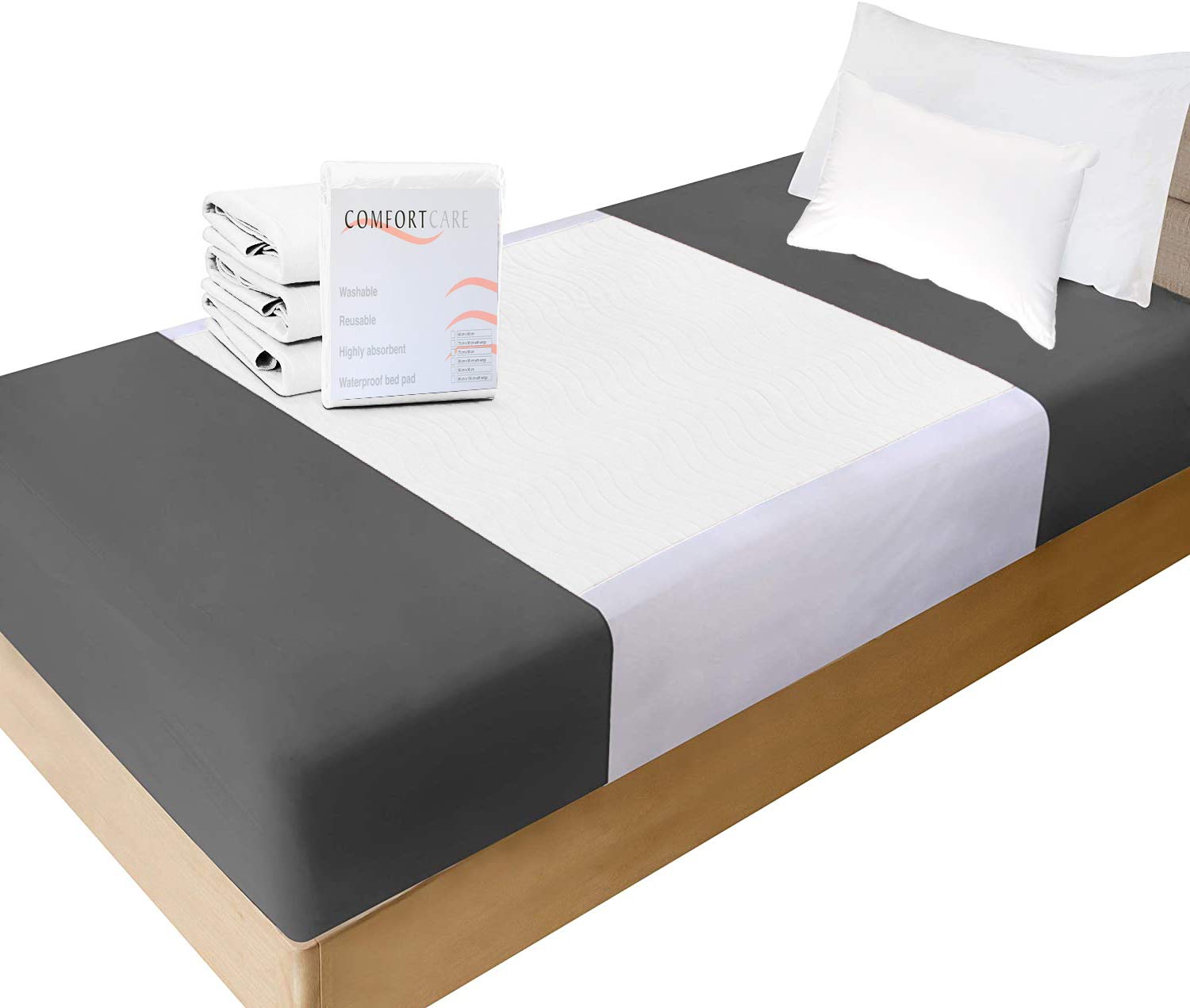 Absorbent Reusable, Incontinence Pad/Waterproof Mattress Protection for bed wetting, Suitable for Mattress, Sofa or Chair, 70 x 85cm White with Wings. Twin Pack