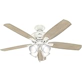 Hunter 52 inch Indoor Ceiling Fan with LED Lights - White Ceiling Fan with Pull Chain, For Bedroom or Living Room, Standard M