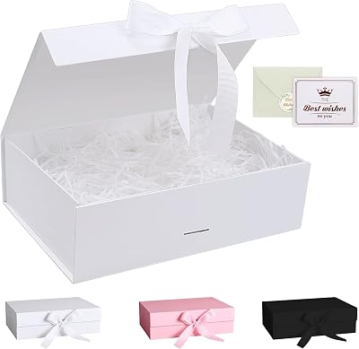 Grantop Luxury Magnetic Gift Box with Lid Ribbon Greeting Card 23x17x7cm White