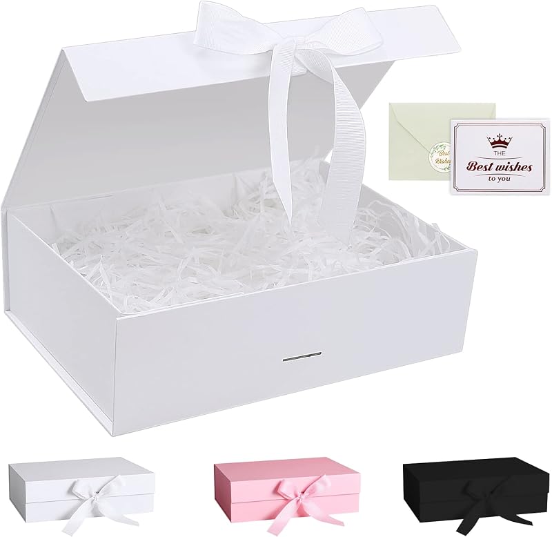Grantop Luxury Magnetic Gift Box with Lid Ribbon Greeting Card 23x17x7cm White