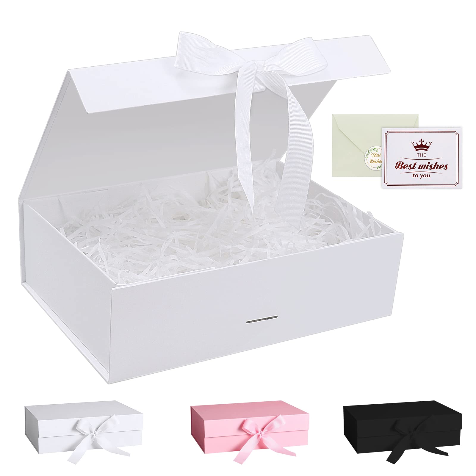 Gift Box, Luxury Magnetic Gift Box with Lid Ribbon Greeting Card Shredded Paper, Gift Packaging Box for Present Birthday Wedding Anniversary Festival (23×17×7cm, White)