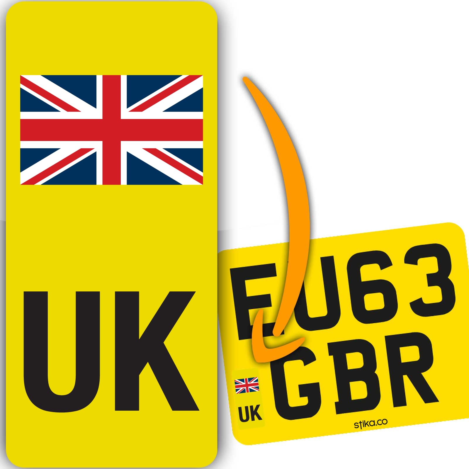 stika.co Set of 4 UK Motorcycle Number Plate Yellow Stickers – Road-Legal for EU Travel, Waterproof & Durable, Essential for Post-Brexit Compliance (UK Letters & Flag)