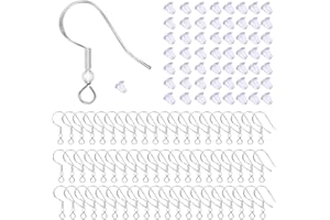 WAYBAS 100 PCS/50 Pairs 925 Sterling Silver Earring Hooks Fish Hook Ear Wires French Wire Hooks Hypo-allergenic Jewelry Findings Earring Parts DIY Making with 100 PCS Clear Rubber Earring Safety Backs