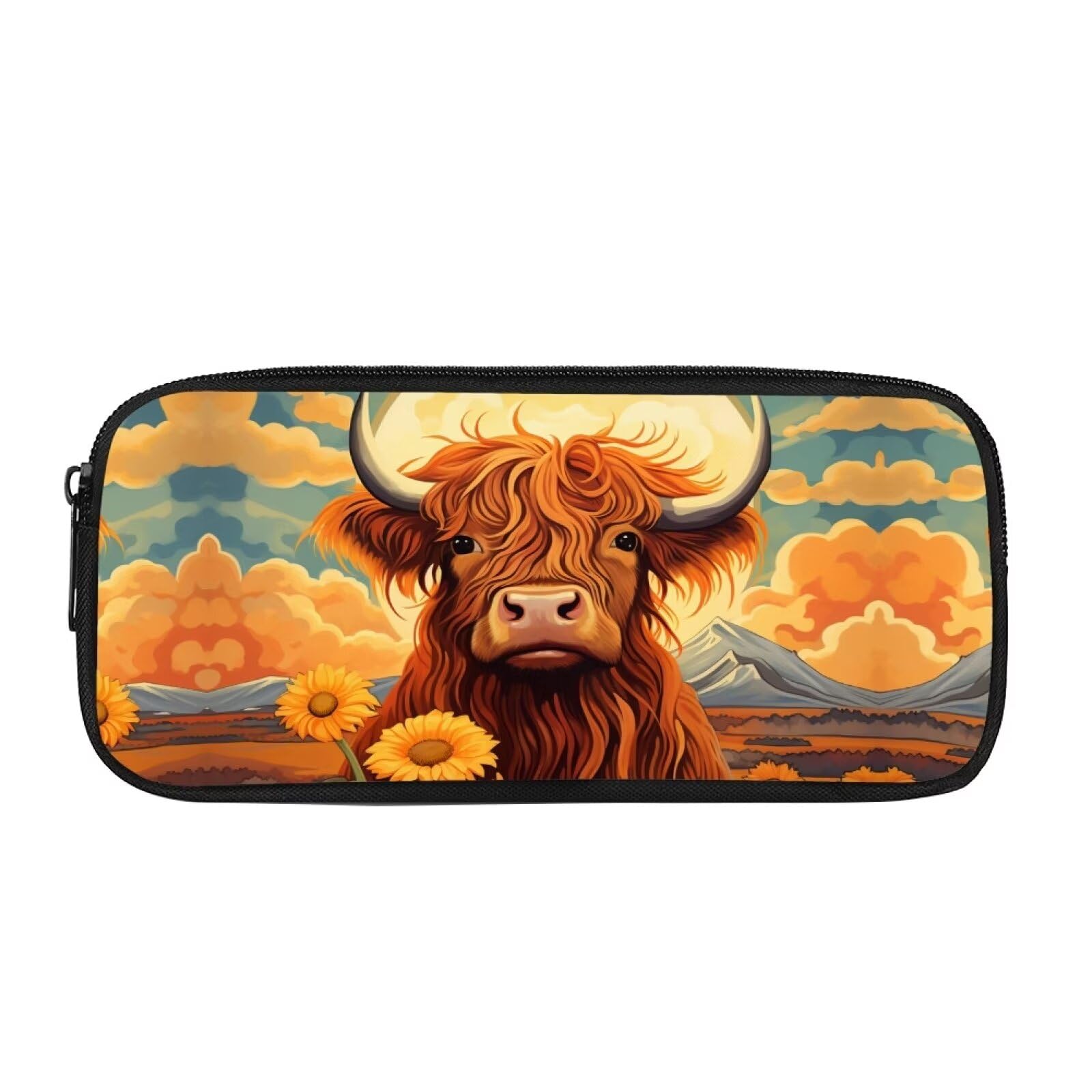 Showudesigns Highland Cow Kids Pencil Case Sunflower Purse for Girls Middle School Pencil Bag Case Holder Travel Storage Bags Big Capacity Animal Floral — image 1