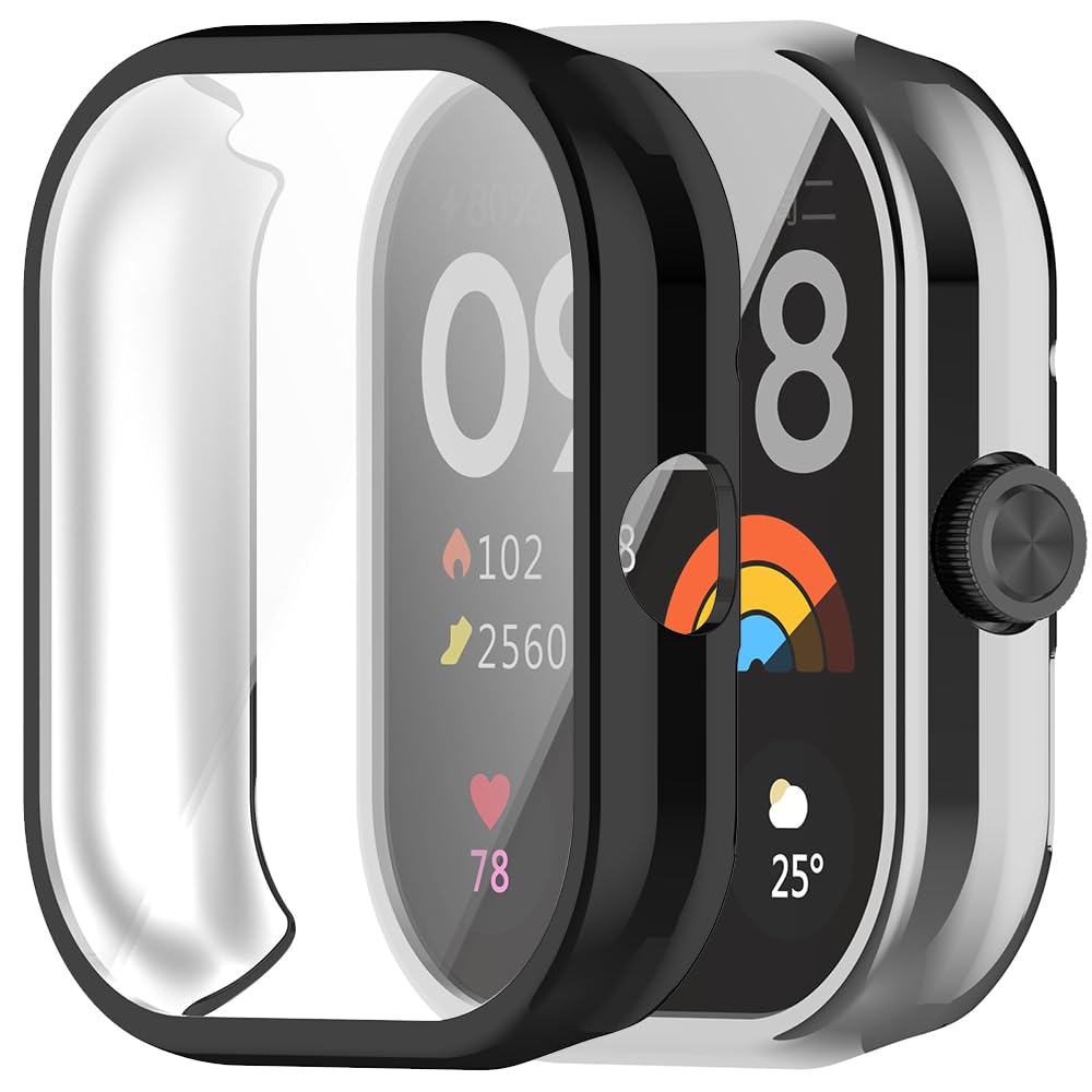 Msiall Pack of 2 Case Compatible with Redmi Watch 4 Protective Case, Flexible TPU Full Protection Screen Protector Scratch-Resistant Screen Protector Protective Case Silver Black
