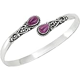 Pear Shape Natural Gemstones Bangle for Women - 925 Sterling Silver Plated Handmade Cuff Bracelet - Birthstone Adjustable Open Bangle Jewelry - Gift for Wedding Anniversaries Valentine's Day Christmas