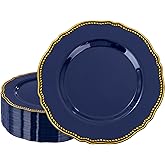 Hioasis 60pcs Blue Plastic Plates - Blue and Gold Disposable Dinnerware with Gold Rim, Heavy-duty, 10.25 inch, Dinner Plates for Party & Wedding