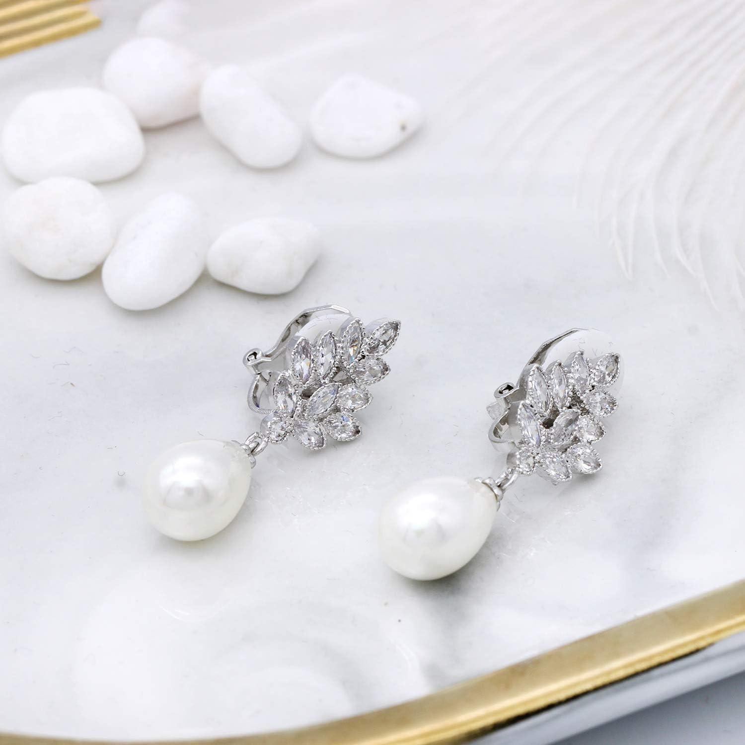 QUKE Leaf Shape Clip On Earrings for Women Cubic Zirconia Simulated Pearl Bridal Non-Pierced Dangle Jewellery - Image 3