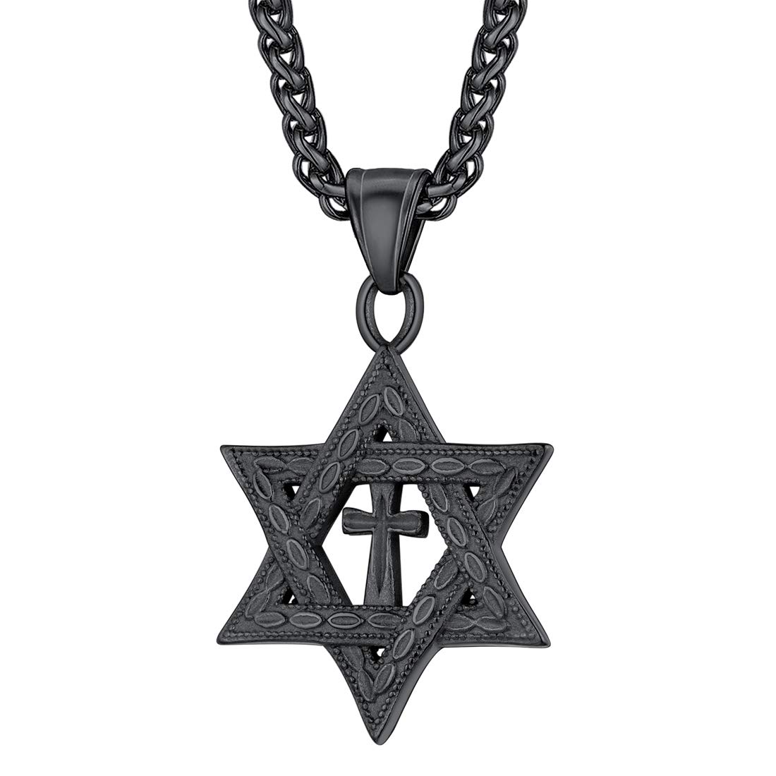 U7 Israel Judaism Necklace Boys Hexagram With Cross Pendant Vintage Pattern, Black Plated Stainless Steel Religious Jewish Men Jewellery Star of David Chain Necklace