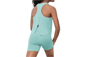 BEAUDRM Girl's 2 Piece Workout Outfits Round Neck Split Crop Tank Top and Biker Shorts Athletic Sets