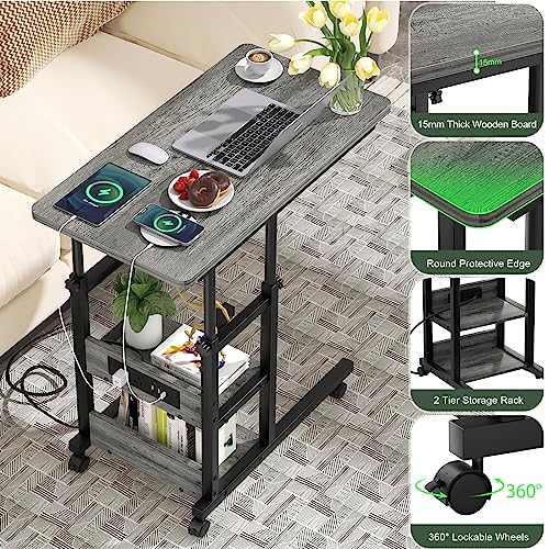Height Adjustable C Shaped End Table with Charging Station, Mobile