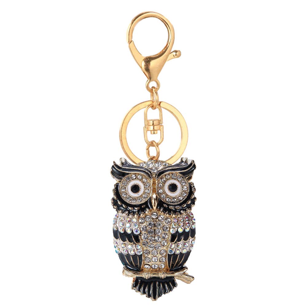 Cute Owl Rhinestones Keychain,Sparkling Alloy Charm Keyring Pendant (Black)