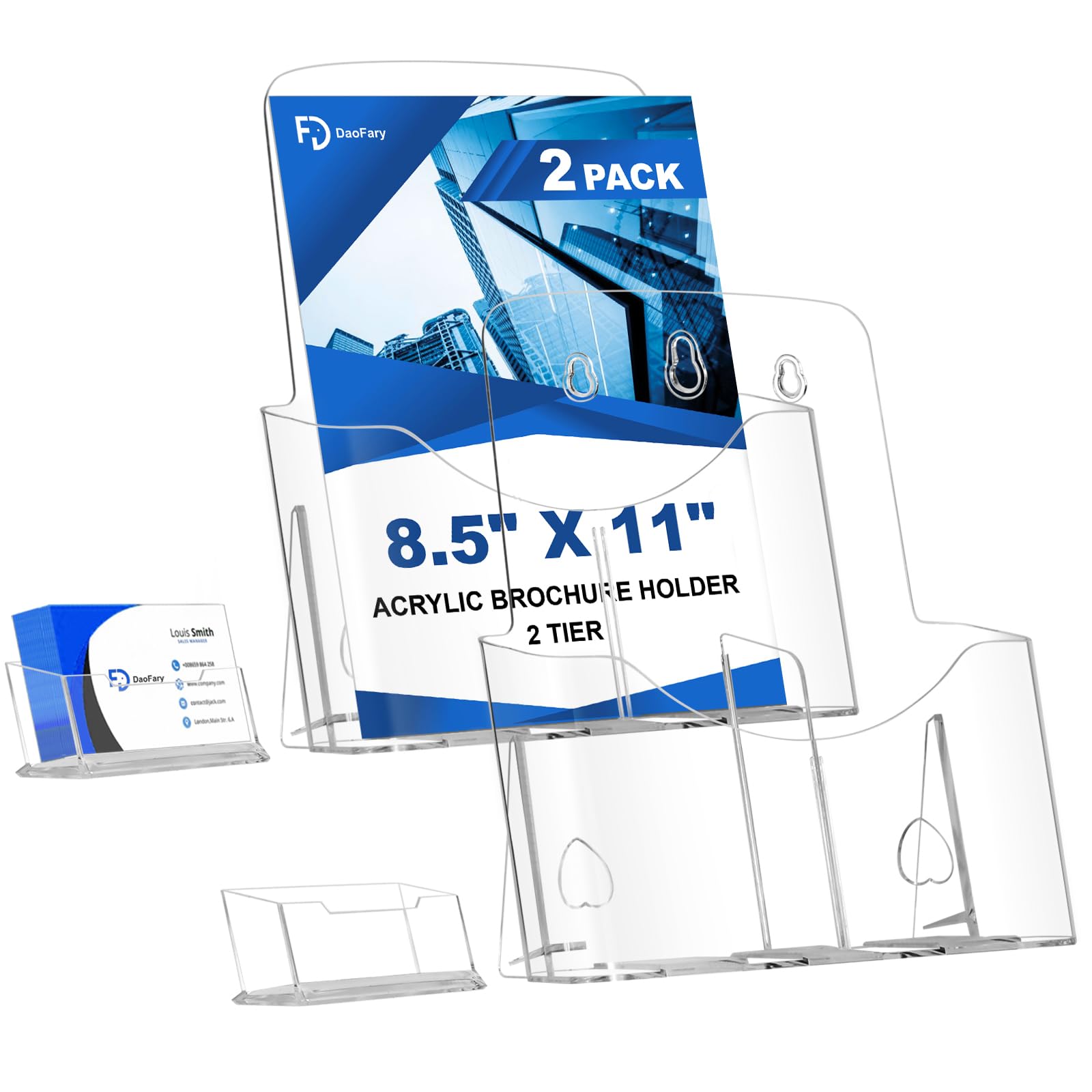 Photo 1 of 2 Pack Acrylic Brochure Holder 8.5 x 11 in with Business Card Holder, 1-Tier Brochure Display Stand with Removable Divider for 4 x 9 Inches Trifold Pamphlets, Clear Flyer Holde