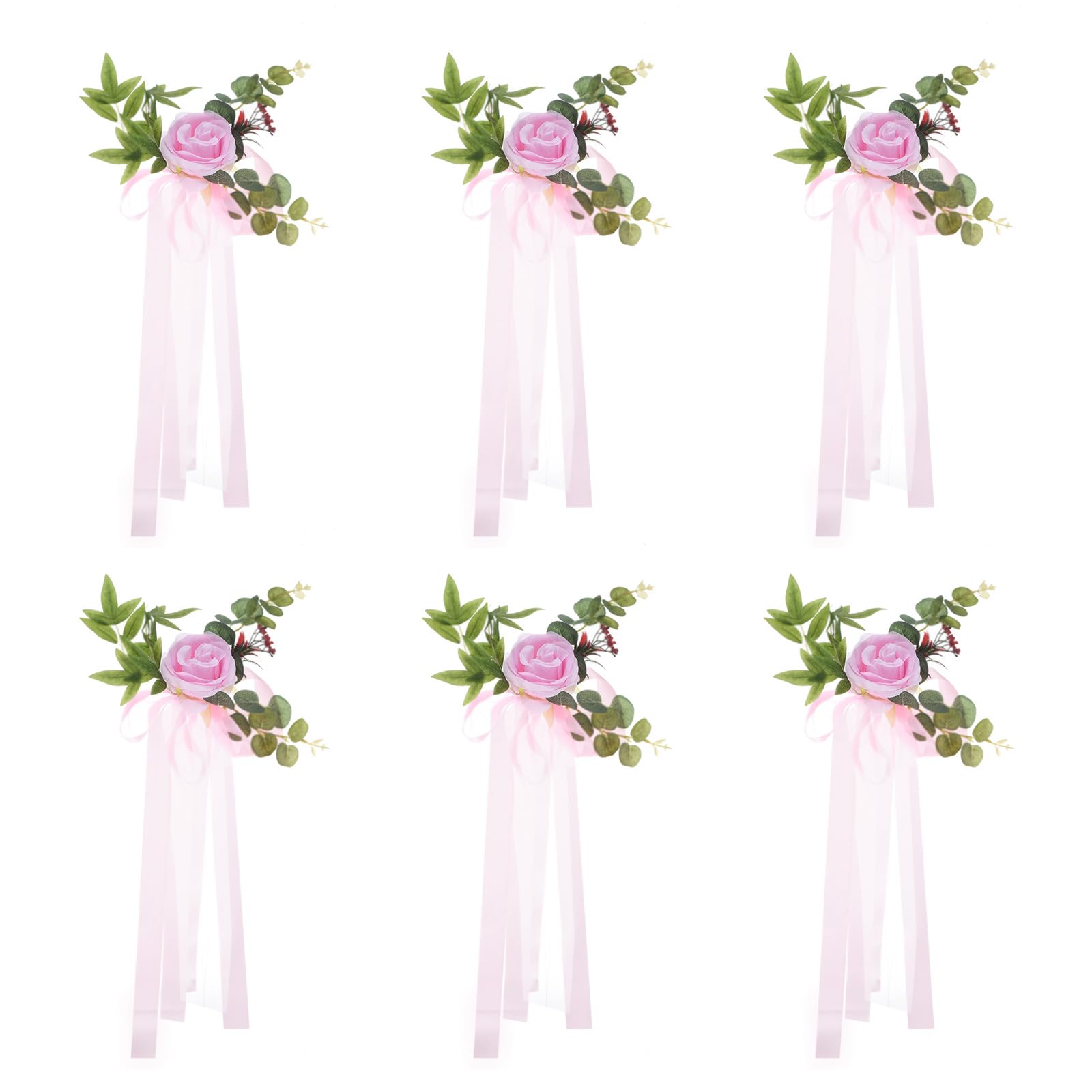 PATIKIL Wedding Aisle Decorations Pew Flowers for Wedding Ceremony Chair Set of 6 Chair Floral Decoration with Artificial Flowers Eucalyptus and Ribbons for Church Chair Party, Pink