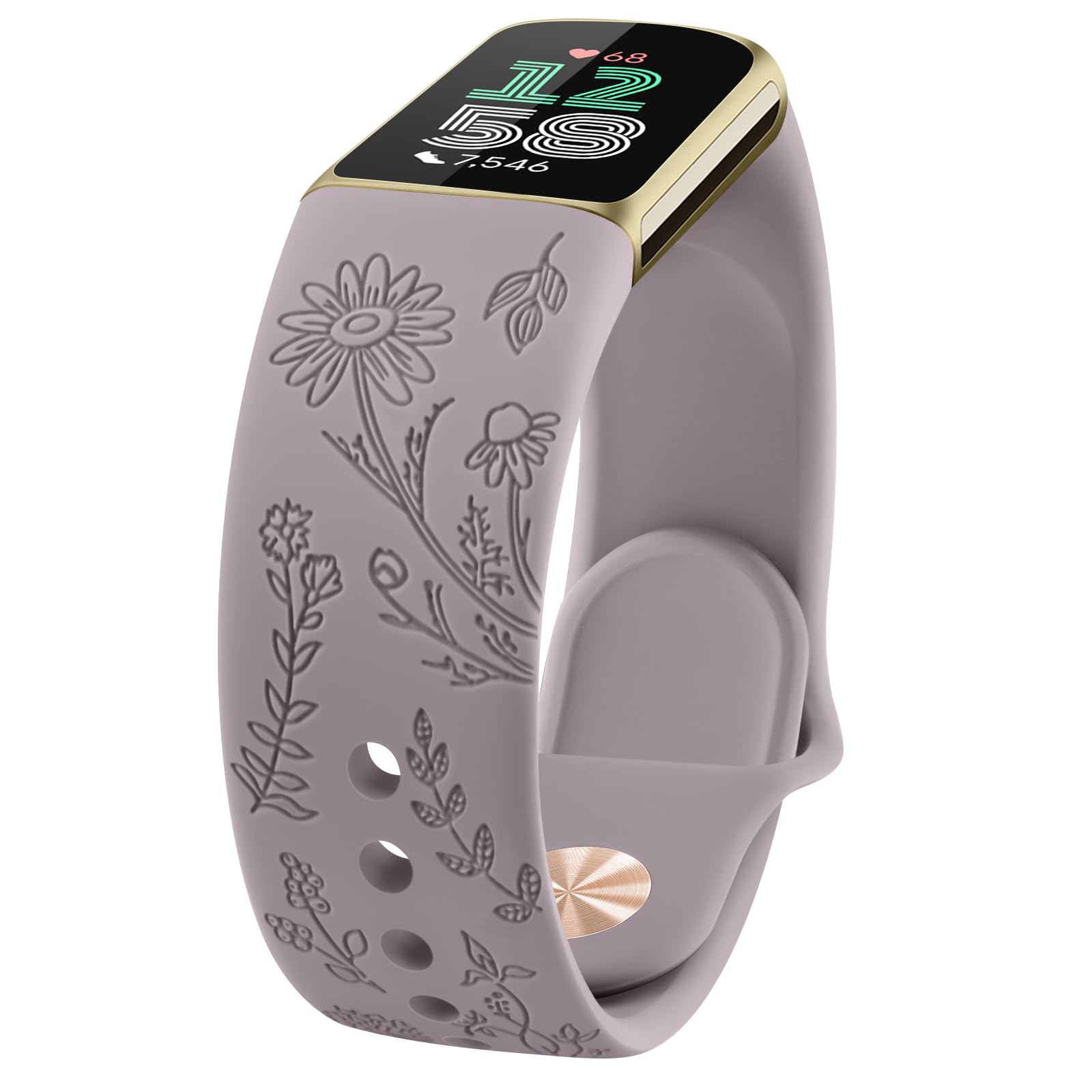 Tobfit Flower Pattern Strap compatible for Fitbit Charge 6 / Charge 5 Strap for Women Men, Adjustable Silicone Replacement Band (Lavender grey)